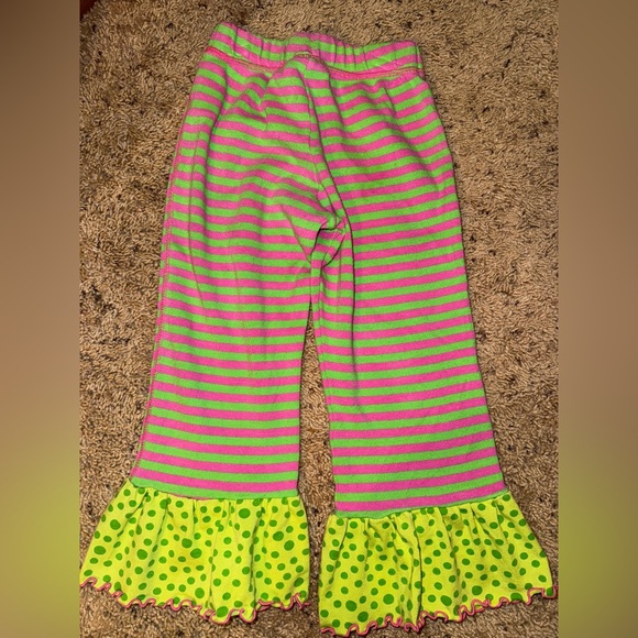 Vintage Miss Tee-V-Us Ruffle Pants Girls 5/6 Pink Green Stripe Polka Dot - Picture 2 of 4